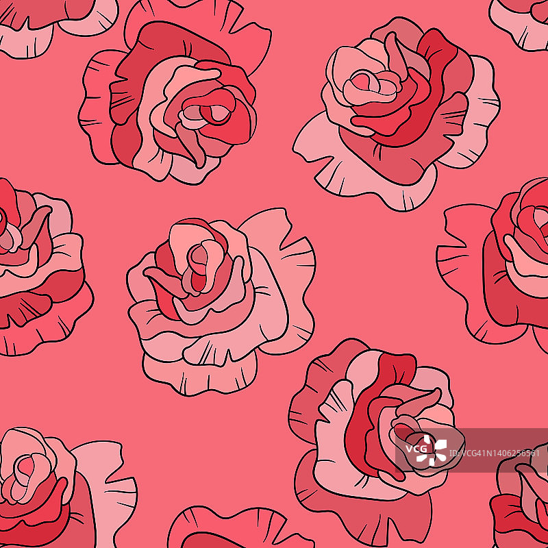 粉色玫瑰卡通风格无缝花卉图案：织物、纺织品、纸张设计，彩色背景上的花朵，传统民间艺术矢量插画图片素材