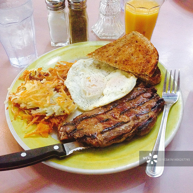 牛排、鸡蛋和土豆饼早餐图片素材