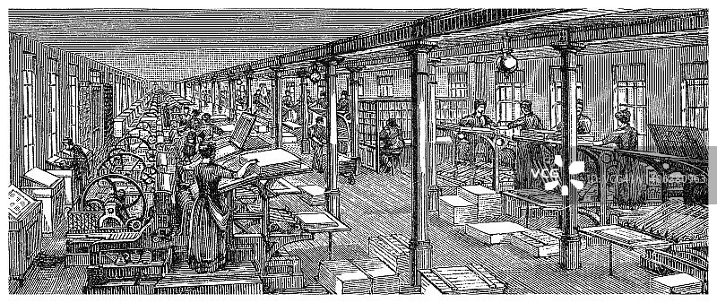 书籍印刷流程的古代雕刻插图图片素材