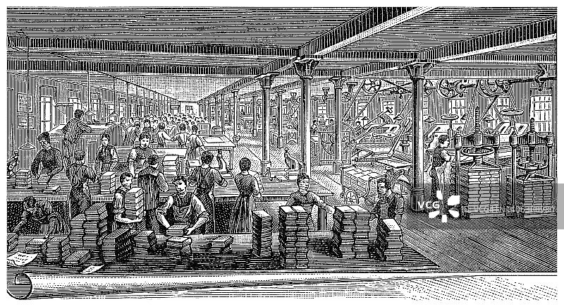 书籍印刷流程的古代雕刻插图图片素材