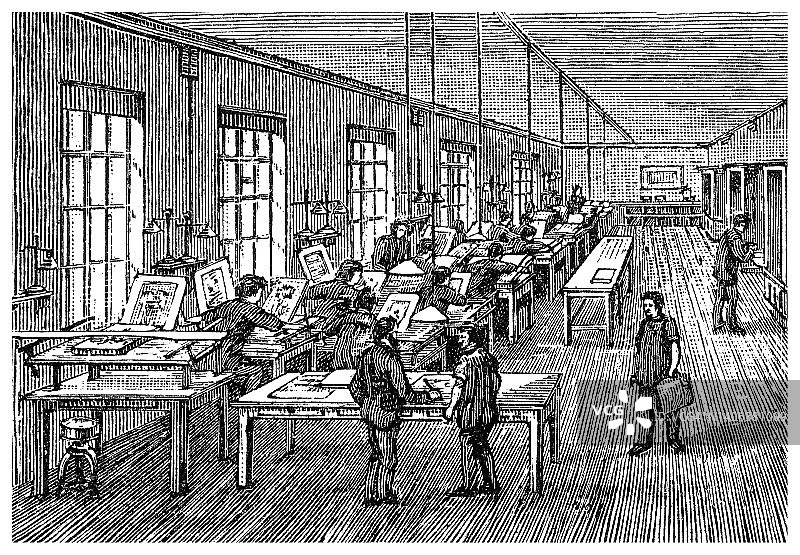 书籍印刷流程的古代雕刻插图图片素材