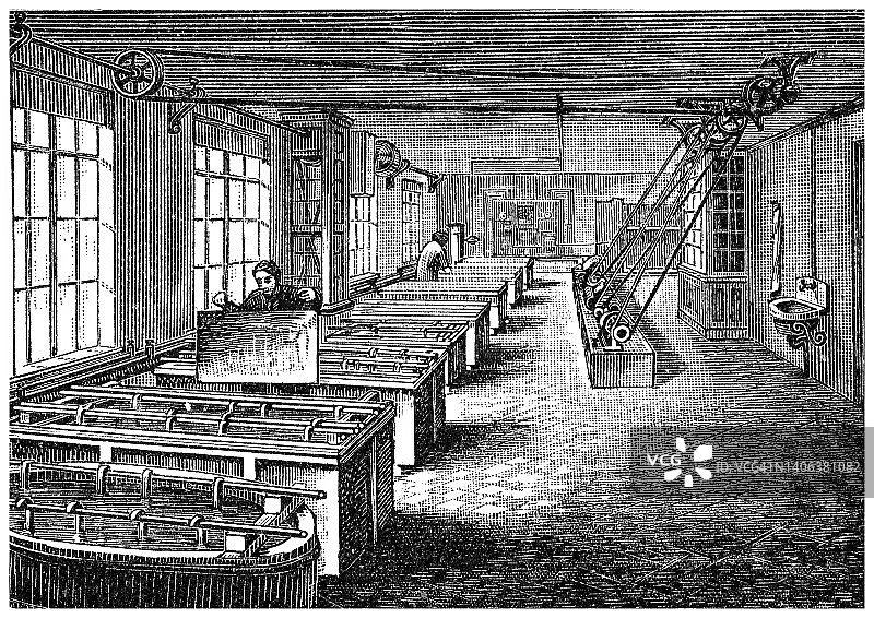 书籍印刷流程的古代雕刻插图图片素材