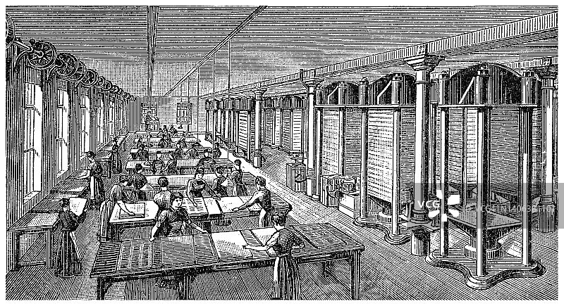 书籍印刷流程的古代雕刻插图图片素材