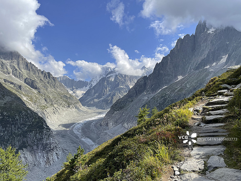 从霞慕尼徒步区看到的梅尔冰川和山景图片素材