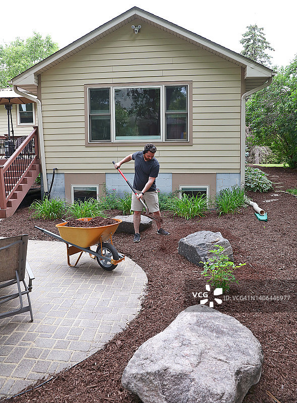 男人给院子覆盖护根物图片素材