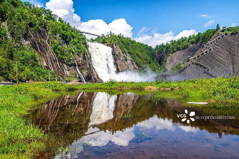 平静湖面上的瀑布倒影图片素材