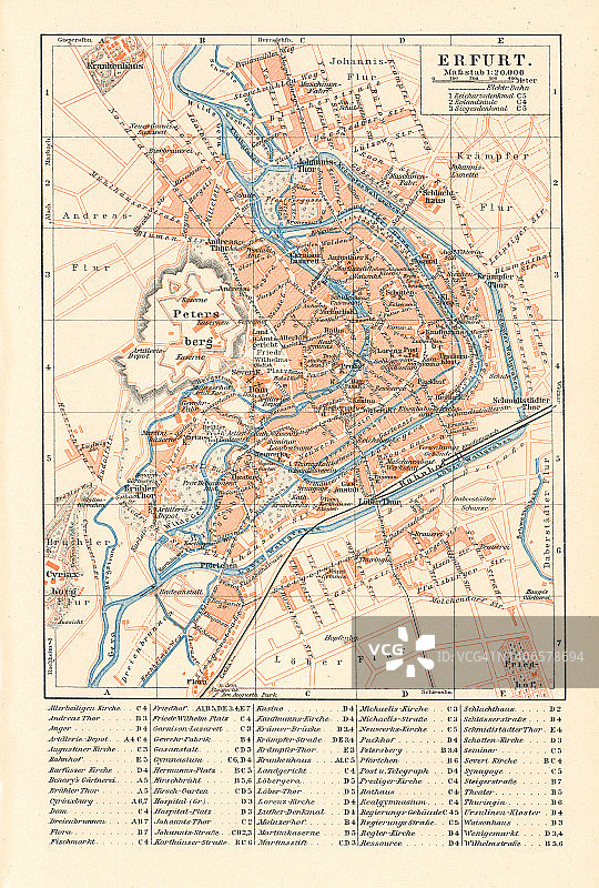 图林根州首府和最大城市埃尔福特的旧石版地图图片素材