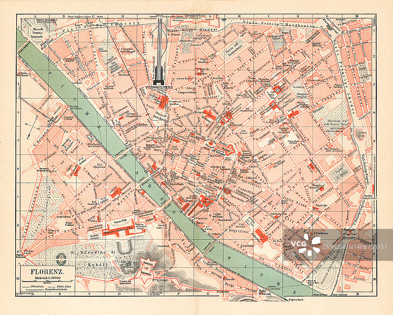 意大利中部城市佛罗伦萨古老的彩色石印地图图片素材