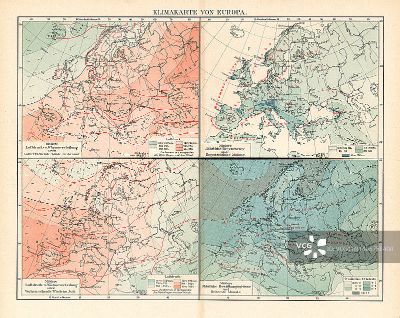 欧洲气候老式彩色石印地图图片素材