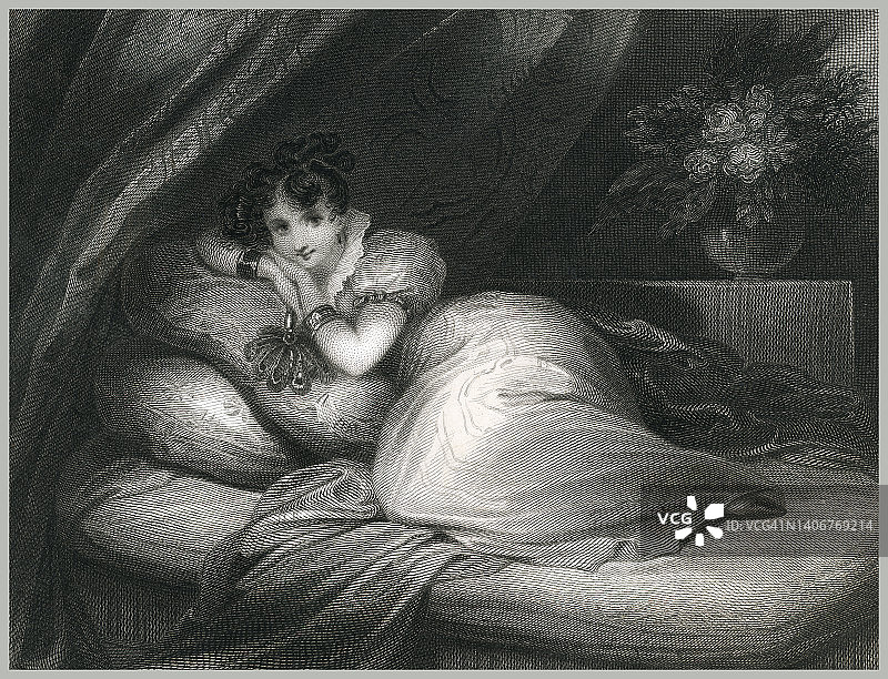 躺在床上的梦幻女人的古老雕刻插图图片素材