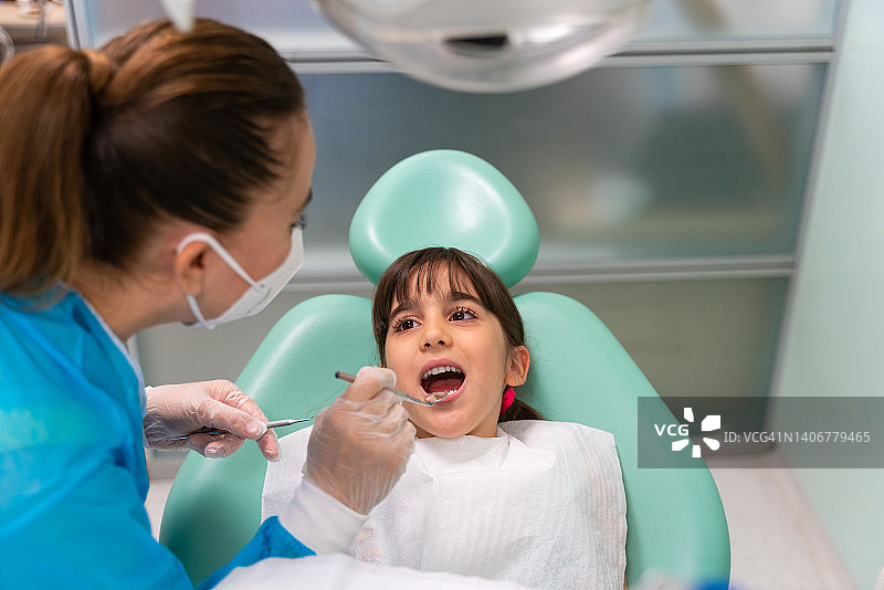 牙医在诊所检查女孩的牙齿图片素材