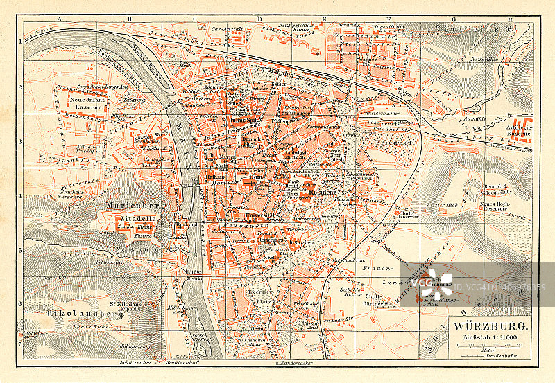 维尔茨堡老式彩色石印地图，位于德国巴伐利亚州图片素材