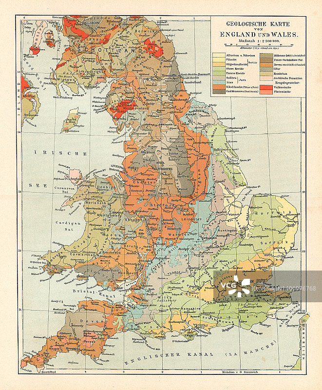 英格兰和威尔士地质旧彩色石印地图图片素材