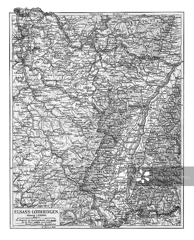 老式彩色石印地图：阿尔萨斯-洛林（现阿尔萨斯-摩泽尔，法国）图片素材
