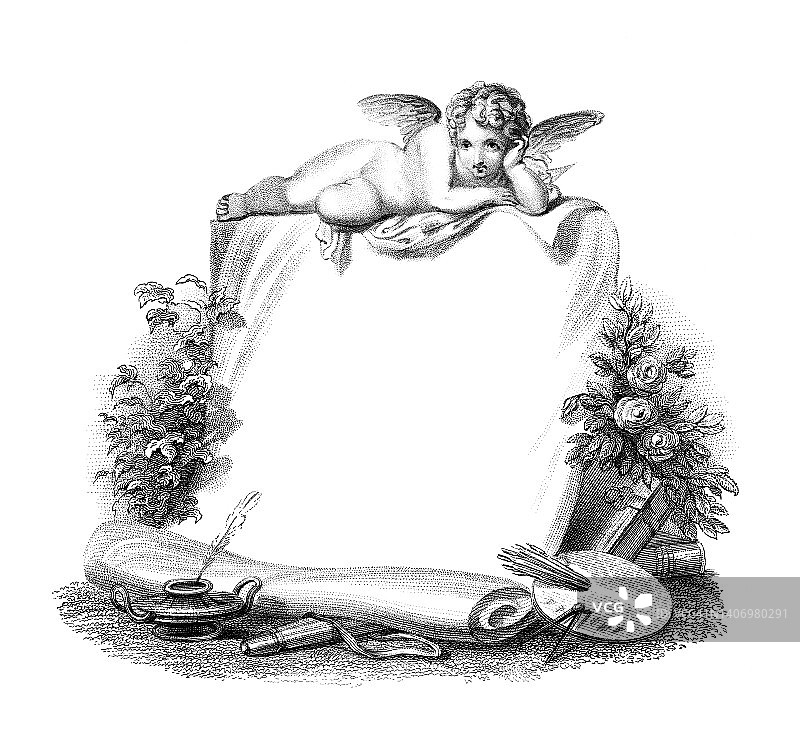 装饰饰品的古老雕刻插图，小天使图片素材