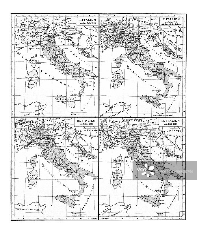 意大利历史古老彩色石印地图 (1000, 1721, 1799和1815-1866)图片素材