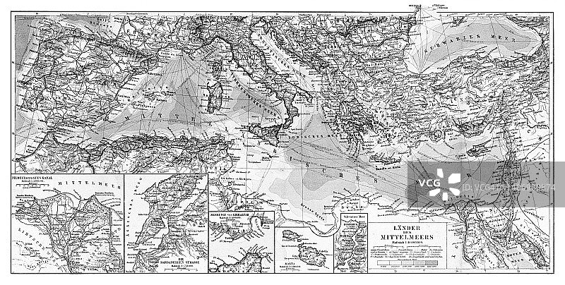 地中海国家古老彩色石印地图图片素材