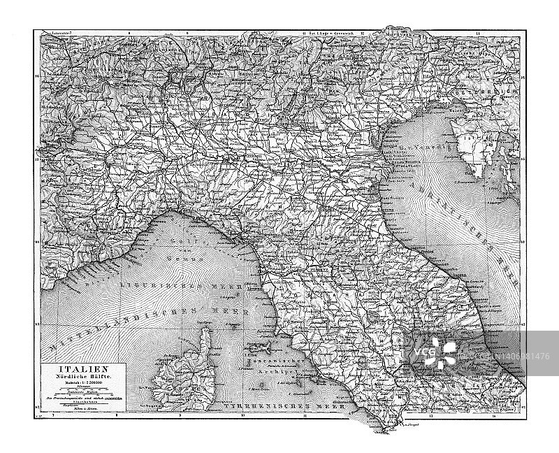 意大利北部彩色石印地图图片素材