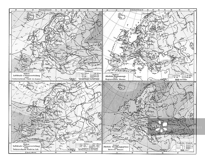 欧洲气候老式彩色石印地图图片素材