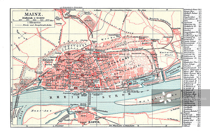 德国美因茨古老彩色石印地图图片素材