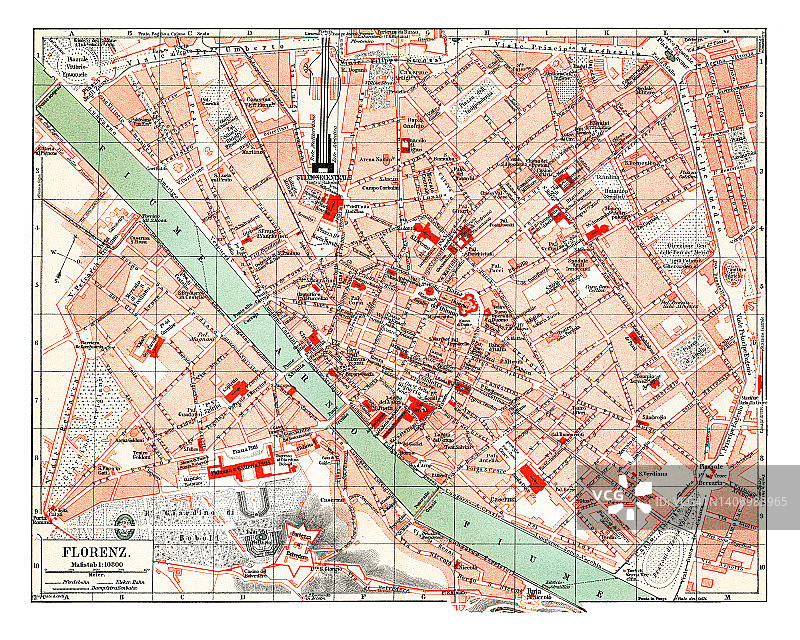 意大利中部城市佛罗伦萨古老的彩色石印地图图片素材