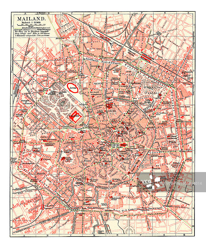 意大利北部城市米兰地图古老彩色石印插图图片素材