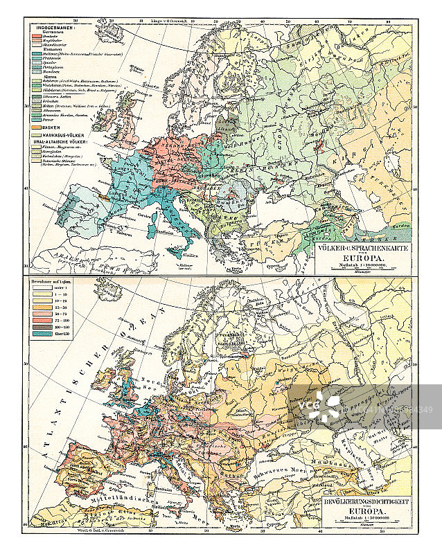 欧洲人口、语言和人口密度老旧彩色石印地图图片素材