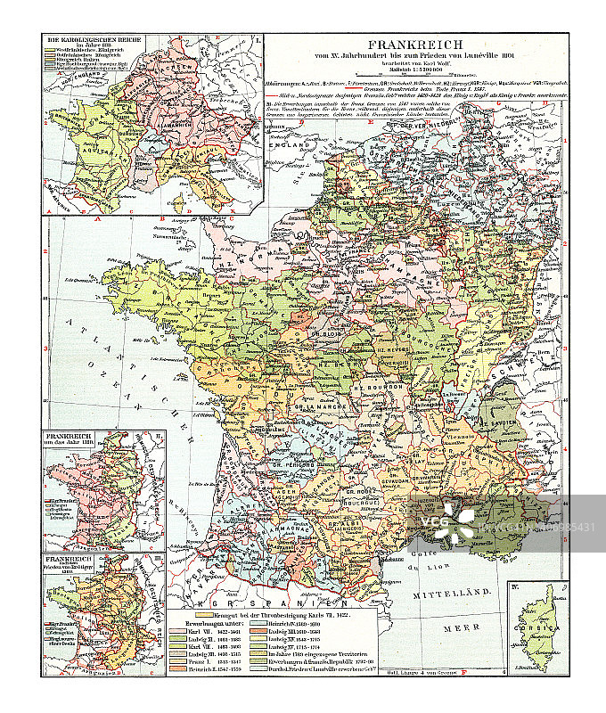 法国古老彩色石印地图 - 吕内维尔条约 - 1801年2月9日图片素材