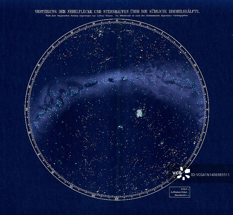 天文学旧彩色石印插图：南天星图（星云和星团）图片素材