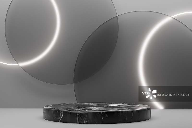 黑色大理石讲台，背景为白色霓虹灯圆圈和磨砂玻璃图片素材