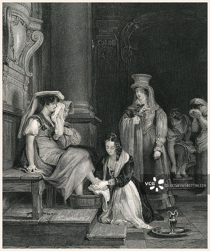 罗马公主多利亚为朝圣者洗脚旧雕刻插图图片素材