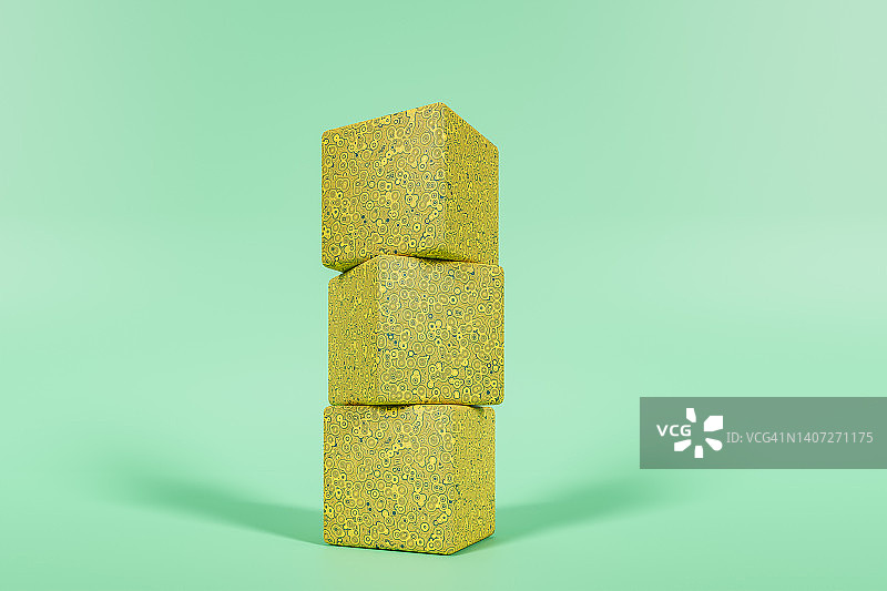 绿色背景中黄色和绿色纹理立方体的计算机生成图像，3D渲染图片素材