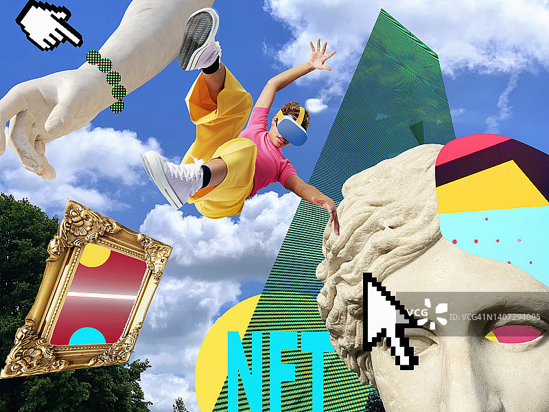 女人坠入元宇宙的拼贴画图片素材