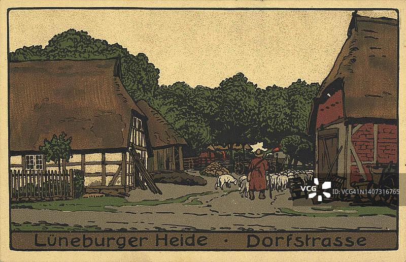 德国下萨克森州吕讷堡石楠草原的乡村街道，约1910年，公共领域明信片的数字复制品图片素材