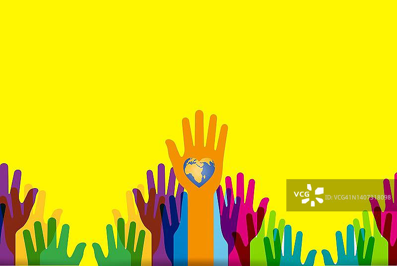 文化多样性概念：世界人种日，位于哥斯达黎加圣何塞的彩色手与地球图片素材