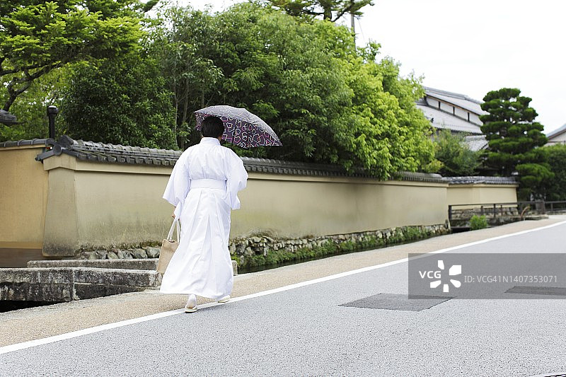 夏季撑伞的神社女祭司的背影图片素材