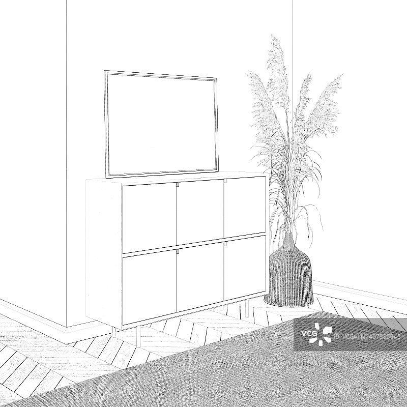 现代室内设计的草图，抽屉柜上有一张横版海报，旁边是柳条花瓶里的蒲苇，拼花地板上铺着地毯。图片素材