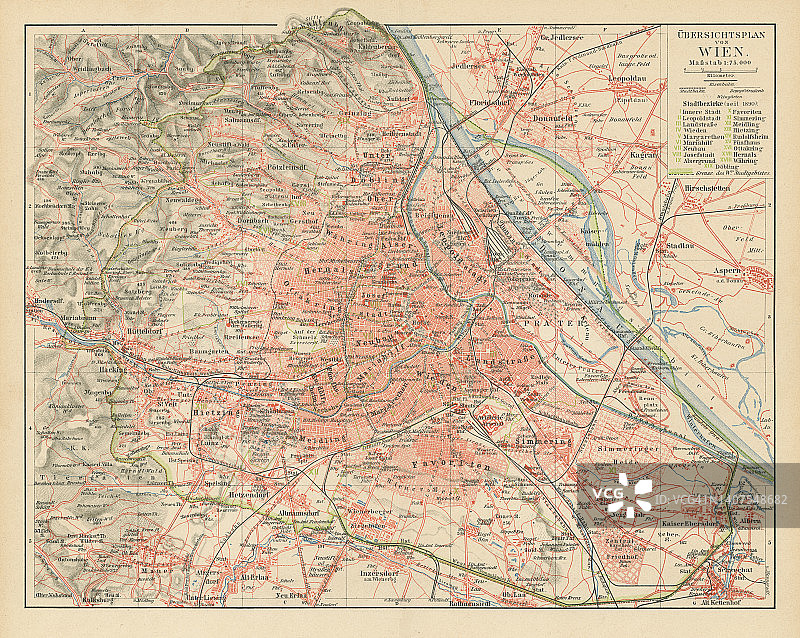 奥地利首都维也纳的老旧彩色石印地图图片素材