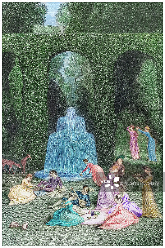 《十日谈》中“薄伽丘花园”的古老雕刻插图图片素材