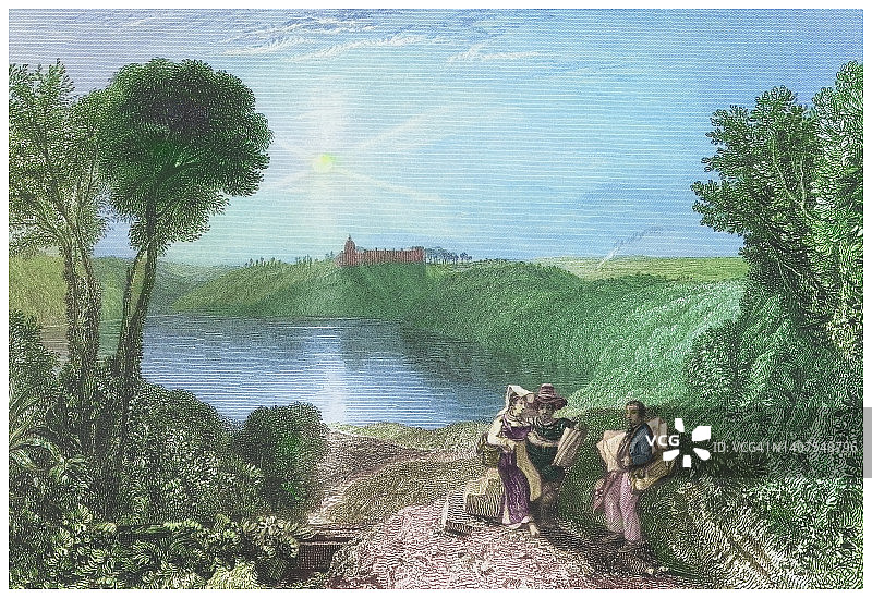 意大利阿尔巴诺湖（拉齐奥阿尔班山的火山陨石湖）景观古老雕刻插图图片素材