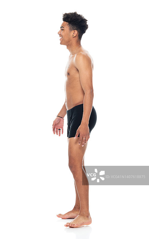 在白色背景前穿着男士内裤的非洲裔男子图片素材