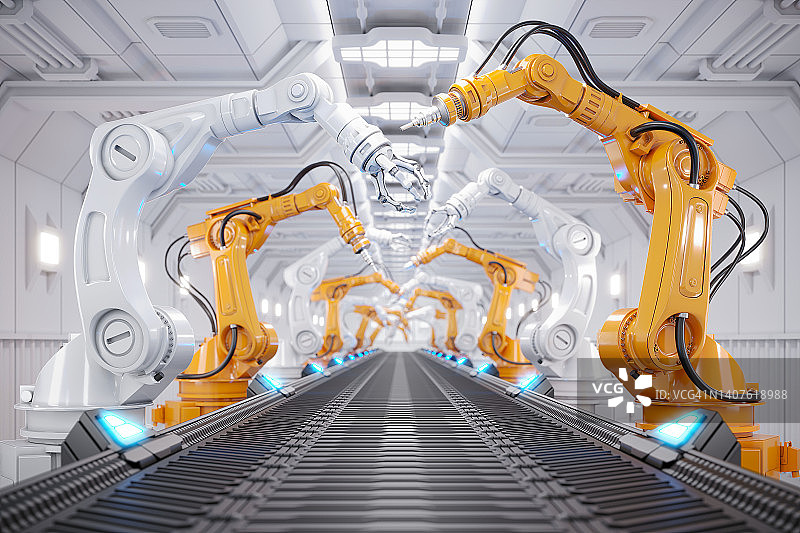 未来AI装配制造工厂中的机械臂图片素材