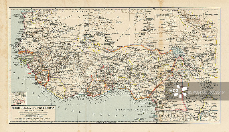 西非上几内亚和西苏丹古老彩色石印地图图片素材