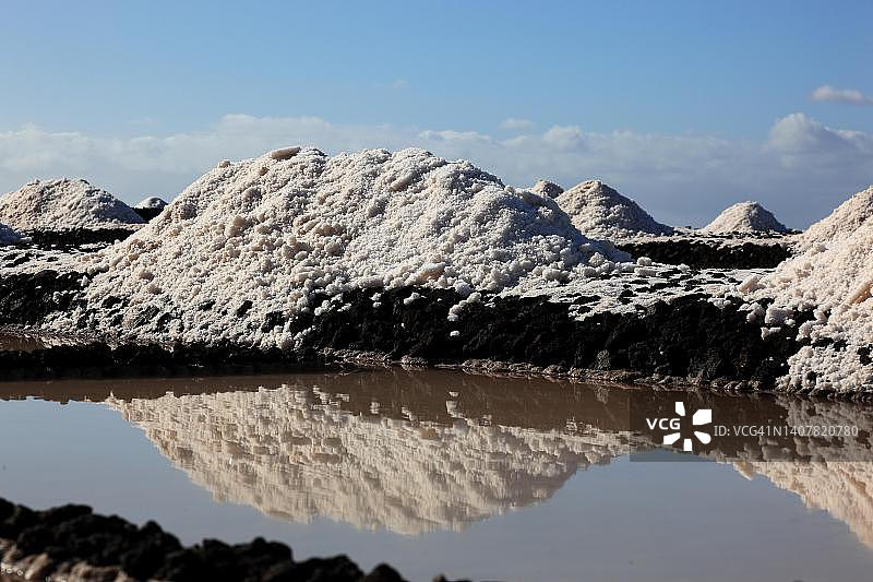 富恩卡连特盐场的水晶池和盐山，位于西班牙加那利群岛拉帕尔马岛南端的富恩卡连特角图片素材
