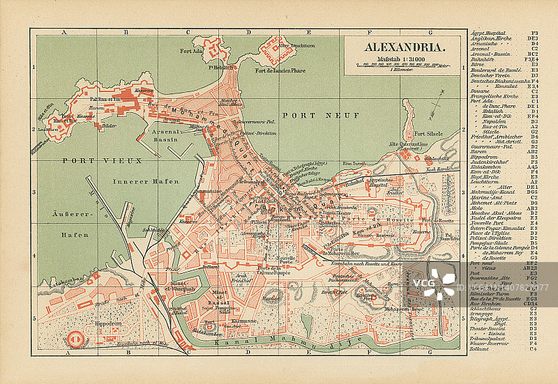 埃及亚历山大古老彩色石印地图图片素材