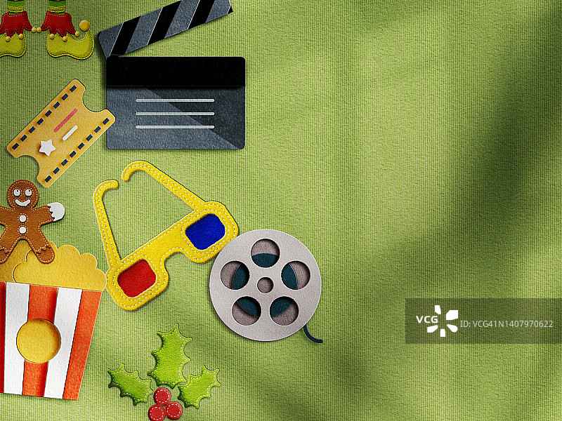 爆米花盒、3D眼镜和拍板，在明亮背景上。绿色背景中的文件图片素材