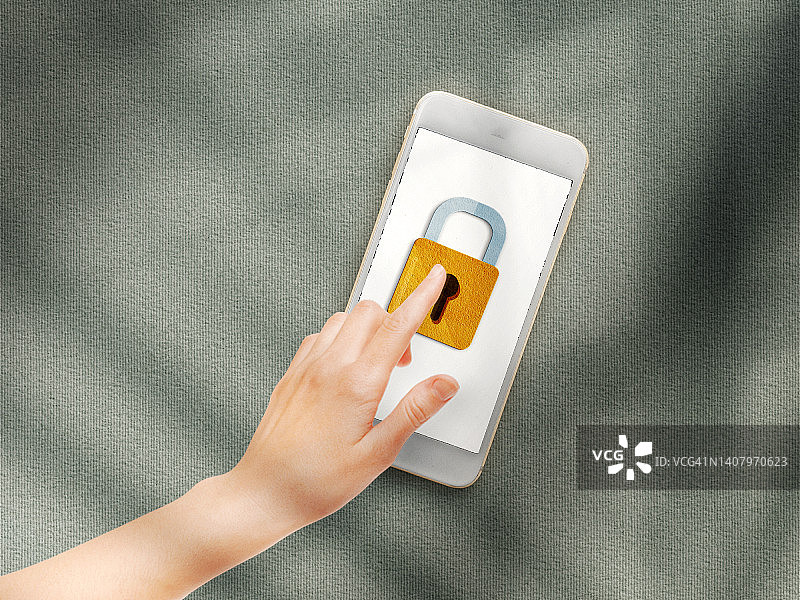 带有锁定挂锁和女性手的纸工艺智能手机图片素材