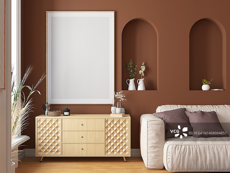 带米色墙壁上空相框的波西米亚风客厅图片素材