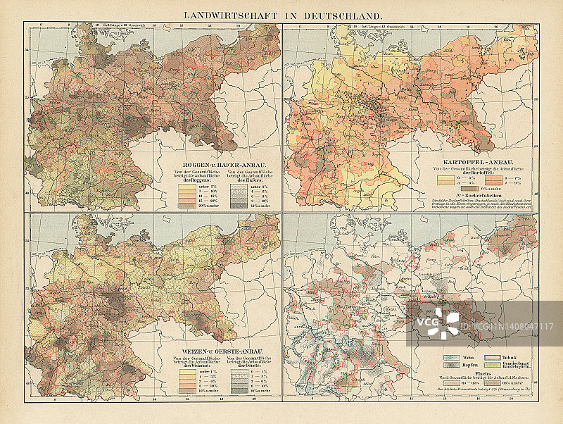 德国农业古老彩色石印地图图片素材