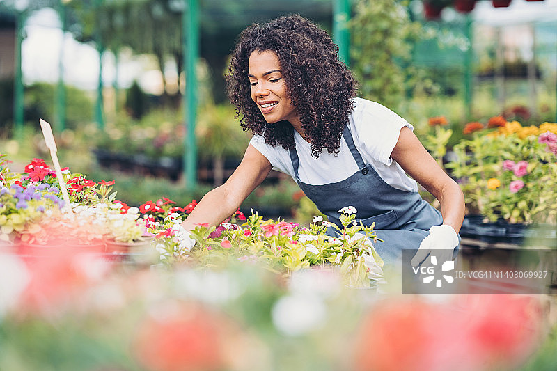 在园艺中心工作的年轻女人图片素材